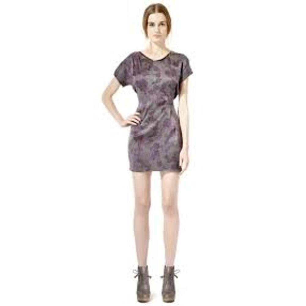 Rebecca Taylor 100% Silk Dress, Leather Trim, Mini, Side Ruching, Purple, Sz S